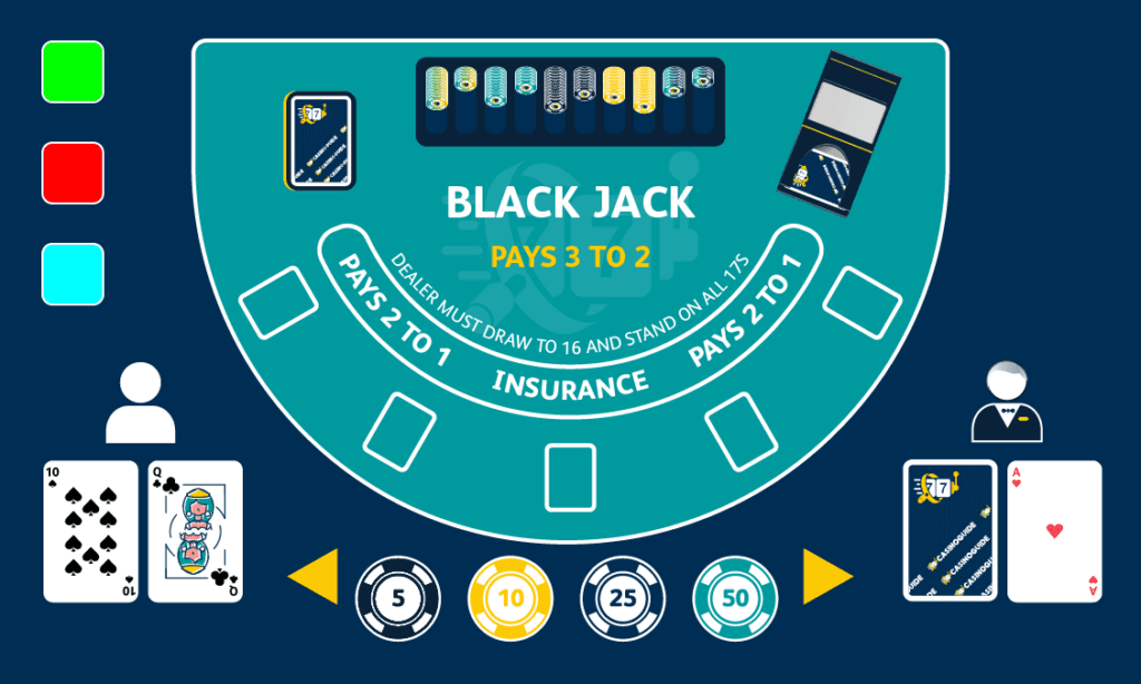 Online blackjack-bord med insatser och spelmarker