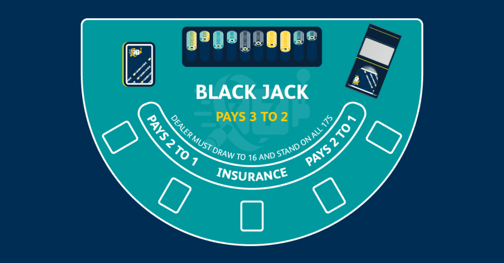 Grönt blackjack-bord med casinomarker och layout