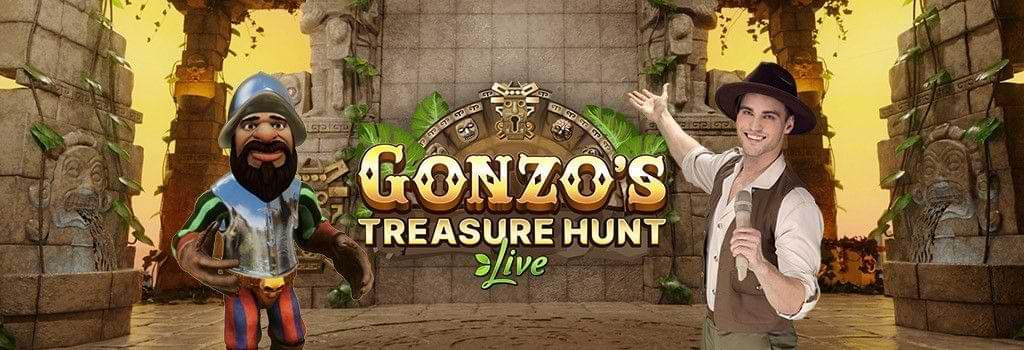 Gonzo och manlig live dealer med hatt o vast - Gonzos Trasure Hunt Live - casinospel