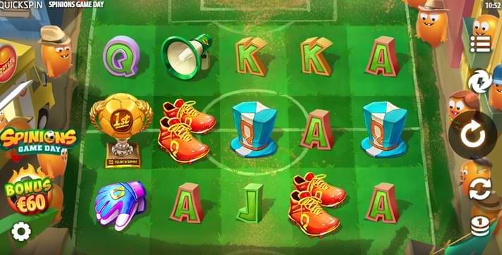 gron fotbollsplan spelplan med symboler, skor, handske, pris Spinions Game Day Veckans slot