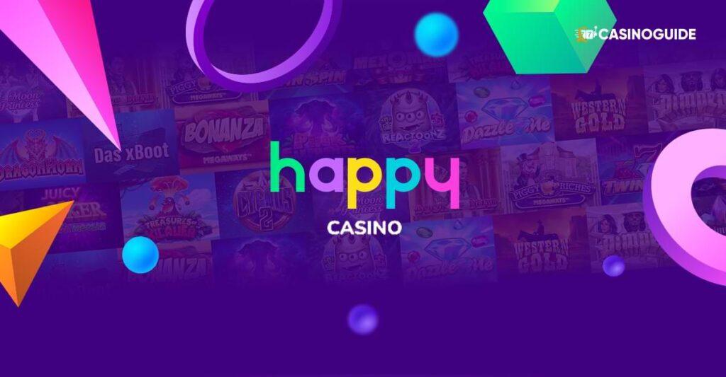 Lila banner med text Happy Casino - spel i bakgrunden - nyheter o kampanjer CasinoGuide.se