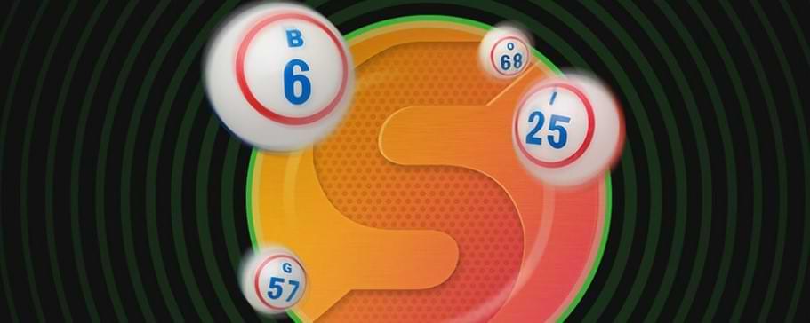 Svart bakgrund med orange cirkel med S och bingobollar - Unibet Bingo
