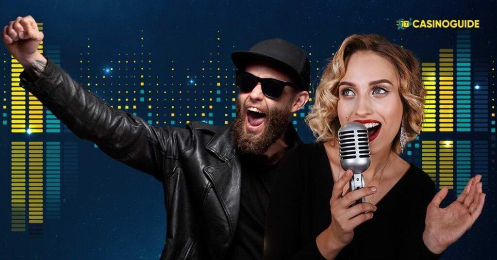 Blond tjej sjunger i mikrofon, kille i laderjacka och keps - armen i luften - Melodifestival fina 2023 CasinoGuide.se artikel