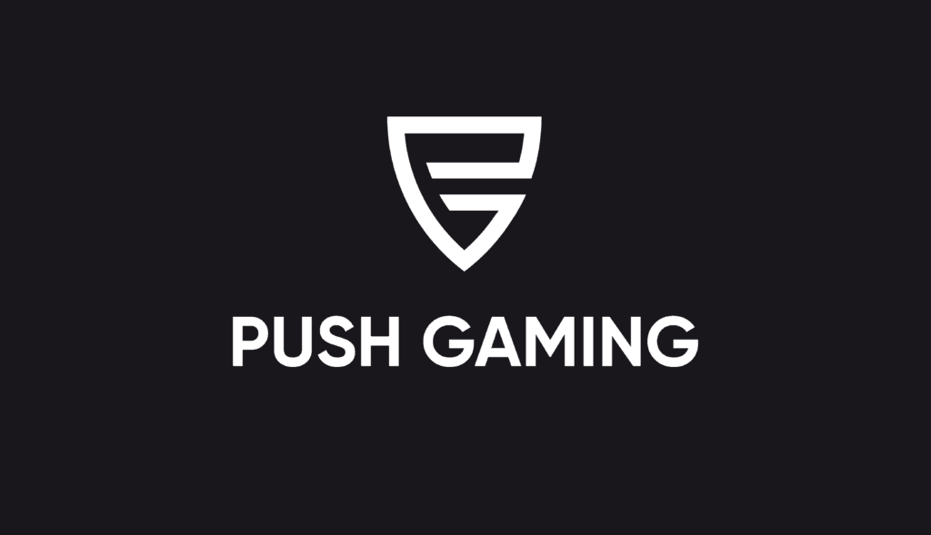 Svart bakgrund med vit logo och text Push Gaming - spelfunktioner