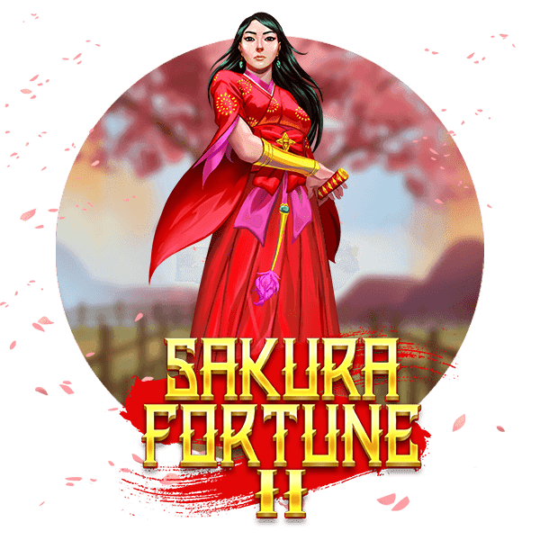 Asiatisk kvinna med svart hår och lång röd sidenklanning - Rund logga - Sakura Fortune II veckans slot