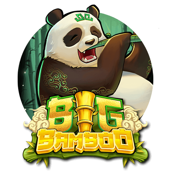 Panda äter bambu text Big Bamboo i gult - slot logga
