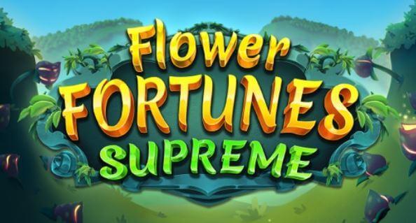 Bakgrund med grona trad och vaxter - text i gult Flower Fortunes Supreme - spelautomat