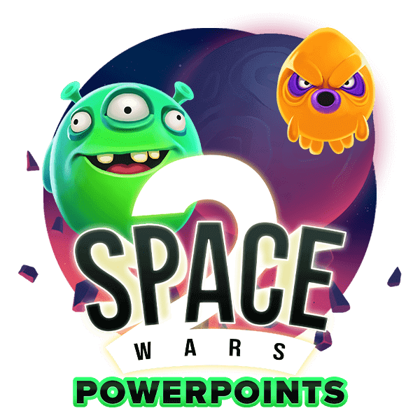 logga med gron och orange alien och text Space Wars PowerPoints