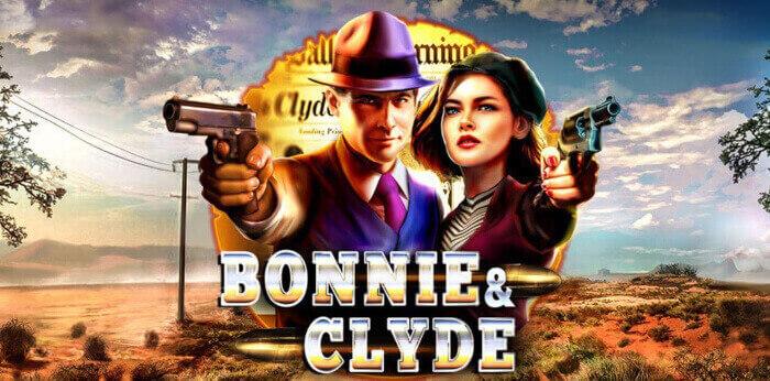 Bonnie och Clyde med lila hatt med pistoler i ökenlandskap - spelautomat 