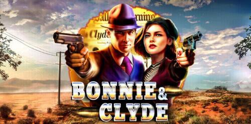 Bonnie och Clyde med lila hatt med pistoler i ökenlandskap - spelautomat - veckans slot 