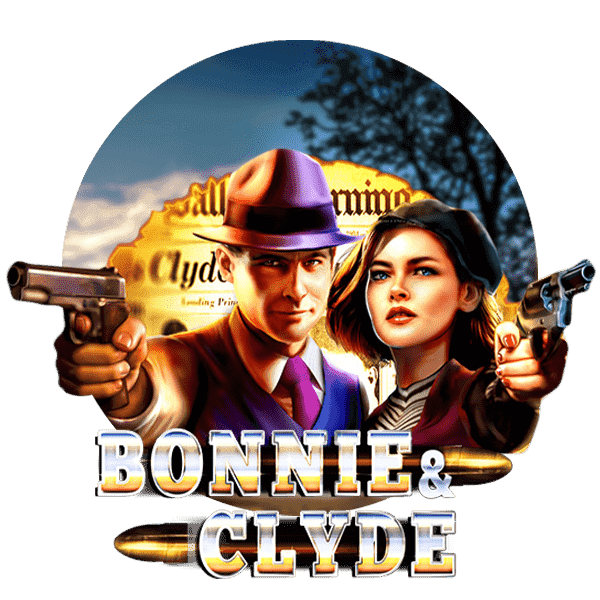 Bonnie och Clyde med lila hatt med pistoler - spelautomat - logga