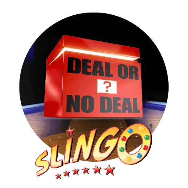 Röd låda med text Deal or No Slingo - logga spelautomat