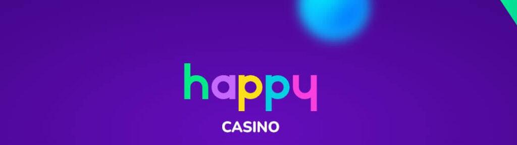 Lila banner med text i olika farger - Happy Casino recension