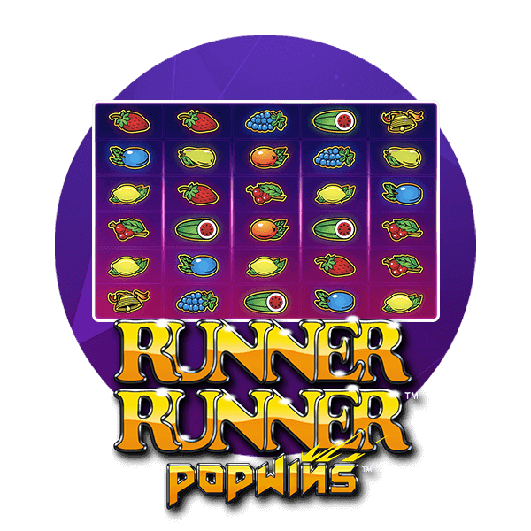 Rund lila logga med gul text Runner Runner Popwins - slot - spelplan