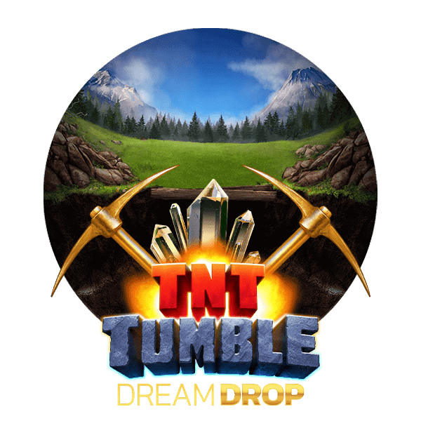 Rund logga med skog och berg, 2 hackor TNT Tumble Dream Drop slot