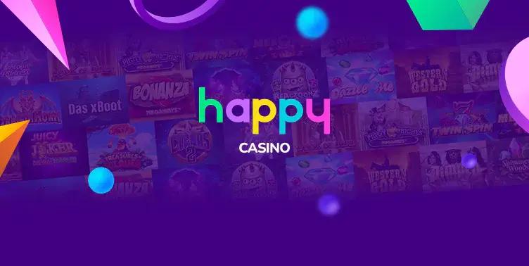 Lila Banner med spelautomater i bakgrunden Happy Casino