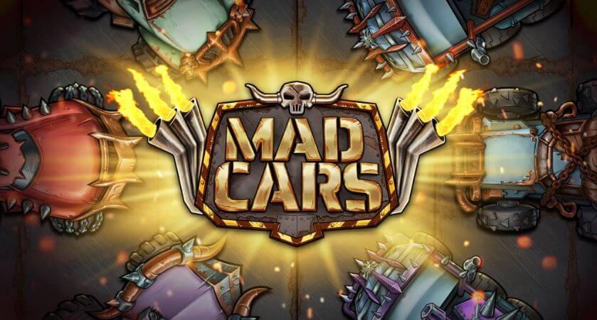 Mad Cars i text - bilar i bakgrunden och avgasror med eldslagor - veckans slot