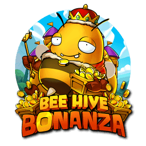 tecknat bi med kungakrona - kistor med pengar Bee Hive Bonanza - rund logga