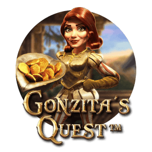 Gonzita i rustning med hatt med guldpengar - Gonzitas Quest rund logga