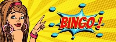 Tecknad tjej med rosa orhänge pekar på Bingo - svenska spelare gillar bingo på natet