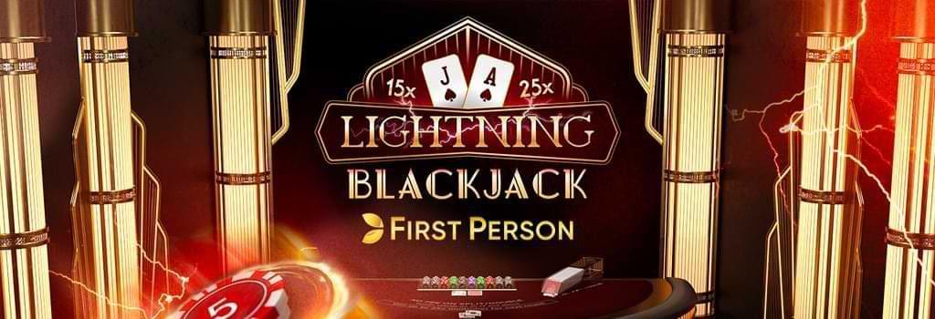 Pelare i guld med blackjack bord - text Lightning Blackjack First Person - live casino recension