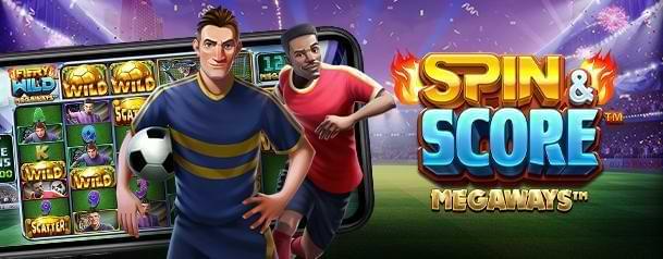 Fotbollsplan med 2 spelare och mobil med spel Spin&amp;Score Megaways VM fotbollsslots
