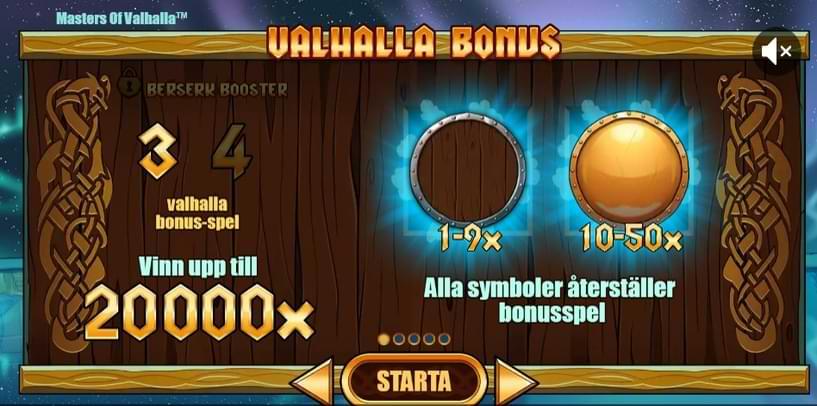 Text Valhalla Bonus - visar 2 symboler och vinst 20000x Masters of Valhalla
