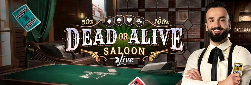 Manlig live dealer med skagg i vit skjorta med hangslen - Dead or Alive Saloon - Live casino spel recension
