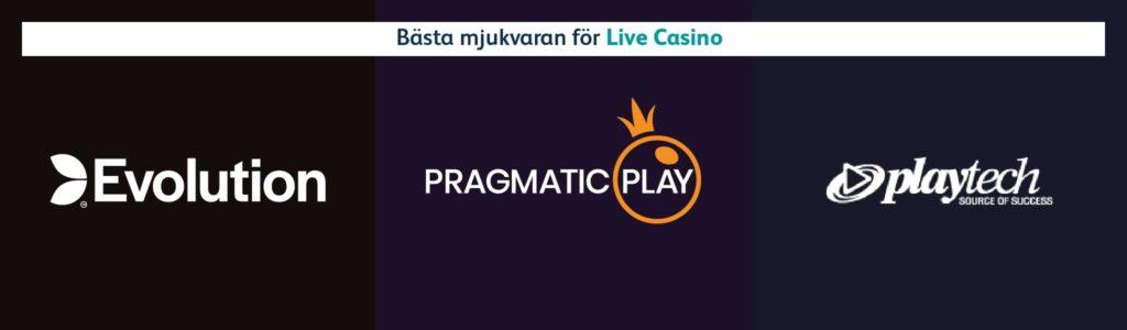 tre loggor med text Evolution, PragmaticPlay, Playtech - mjukvara Live Casino online - Guide