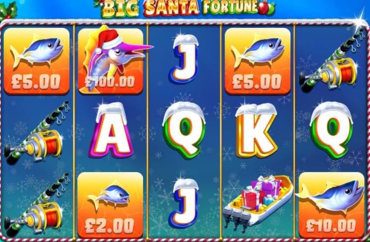 spelplan ned symboler av fiskar och bokstaver - Big Santa Fortune spelautomat