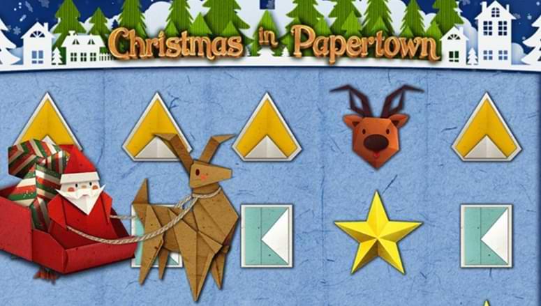 Del av spelplan spelautomat med tomte och ren som pappersfigur - Christmas in Papertown recension