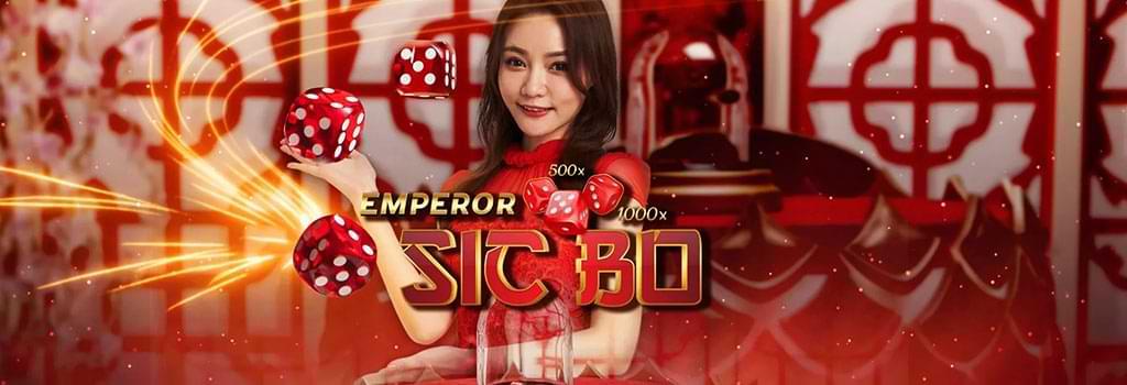 rod kinesisk bakgrund med kvinnlig live dealer och tarningar text - Emperor Sic Bo - live casinospel recension
