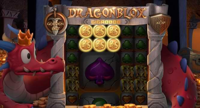 Rod drake med krona som vaktr skatt i DragonBlox Mega Blox slot - bonusspel - recension