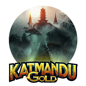 Tempel i soluppgang - text i guld - Katmandu Gold - Spelautomat rund logga - recension