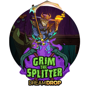 Skrackfigur med yxa och horn pa hatten - text Grim the Splitter DreamDrop - spelautomat recension