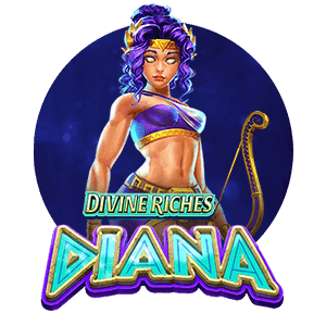 Krigarprinsessa i lila outfit med pilbage - Text Divine Riches Diana Spelautomat Rund logga