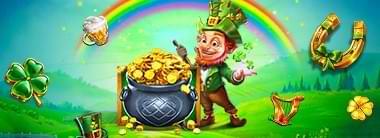 Gron ang o skog - Leprechaun med krus med pengar - spelautomater St Patricks Day 2023 CasinoGuide.se