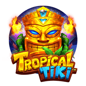 Guldmask med bla ogon text Tropical Tiki - spelautomat - rund logga