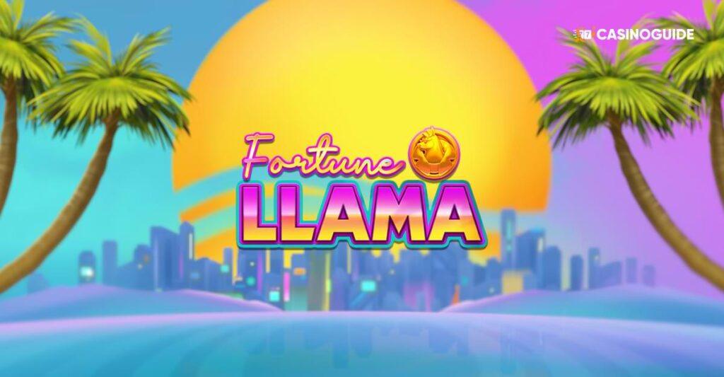 Stad med skyline i neonfarger - palmer vid sidan och stor gul sol - Fortune Llama - spelautomat Recension