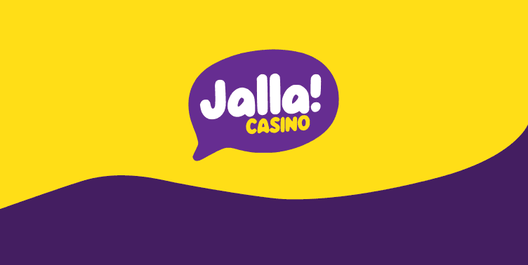 Gul och lila bakgrund i tva falt - pratbubbla med text Jalla!Casino - recension