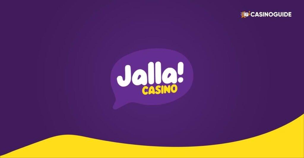 Lila bakgrund med gult under - pratbubbla med text Jalla!Casino - kampanj CasinoGuide.se