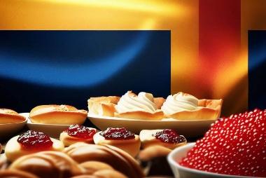 svenska flaggan i bakgrunden, smakbitar av wienerbrod, kaviar, kakor - Artikel Man City spelare mattest - Leovegas