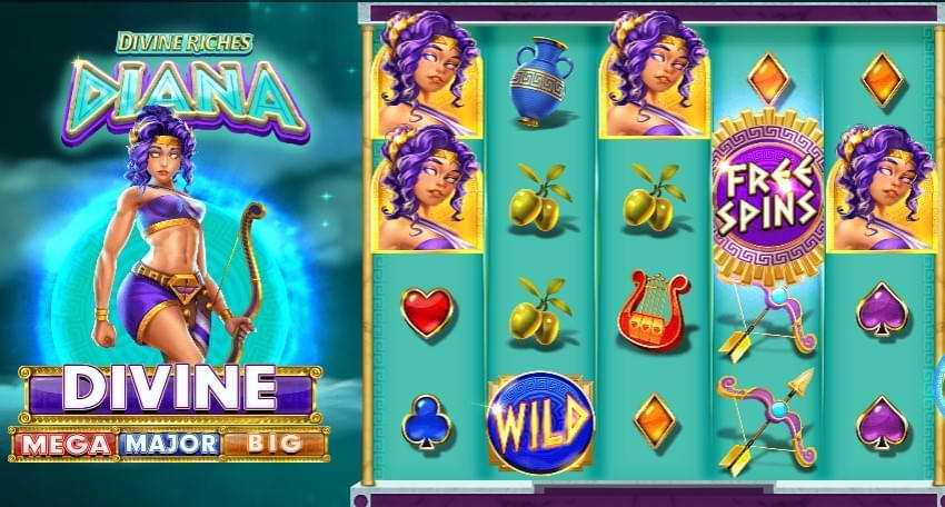 spelplan med gudinna Diana till vanster - symboler free spins - Divine Riches Diana spel online