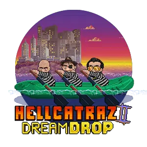 gummibat med fangar i randiga drakter som flyr - Hellcatraz II Dream Drop rund slot logga