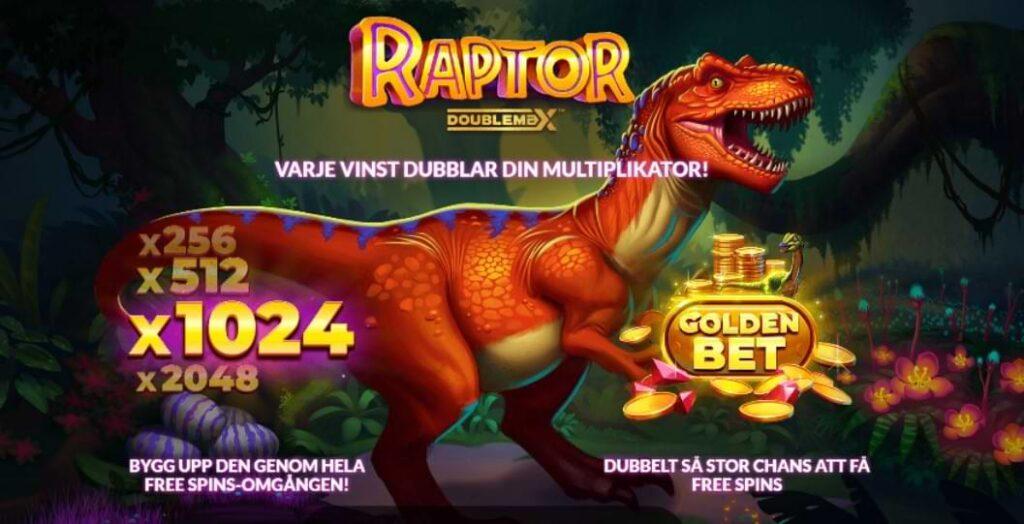 Dinosaurie med text forklarar spelfunktioner o vinst i Raptor Doublemax spel Yggdrasil