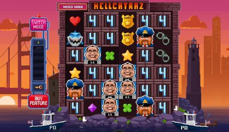 Spelplan online spelutomat - symboler polis, sheriffbricka, haj, hjarta - Hellcatraz2 Dream Drop recension