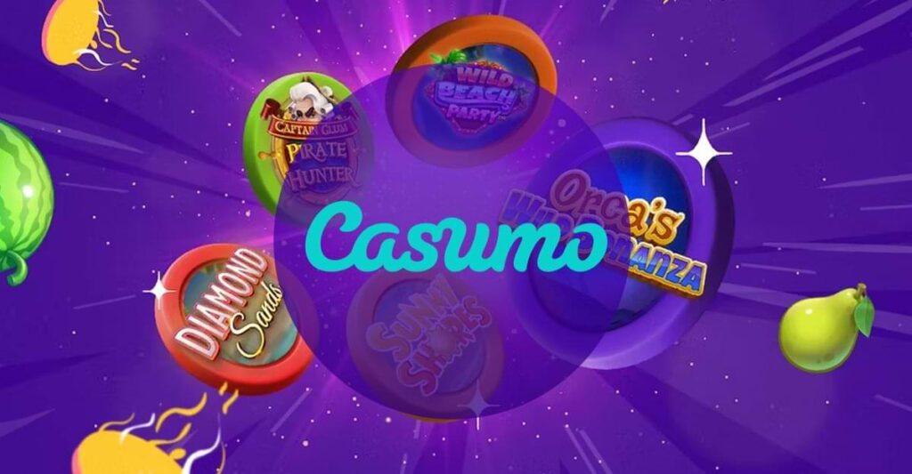 Lila bakgrund med olika spel i cirklar - Casumo Kampanjer