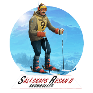rund logga med berg och skidakare Sallskapsresan II Snowroller Stig Helmer - Spelautomat