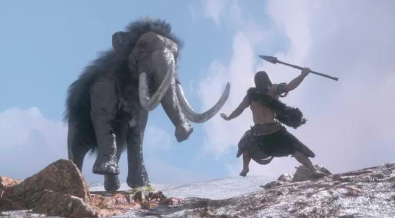 Man med svard jagar Mammut - Stenaldern - artikel spelautomat 10000 BC