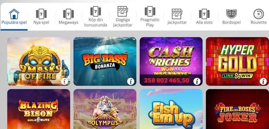Casino spellobby med kategorier och slots - Betway SE